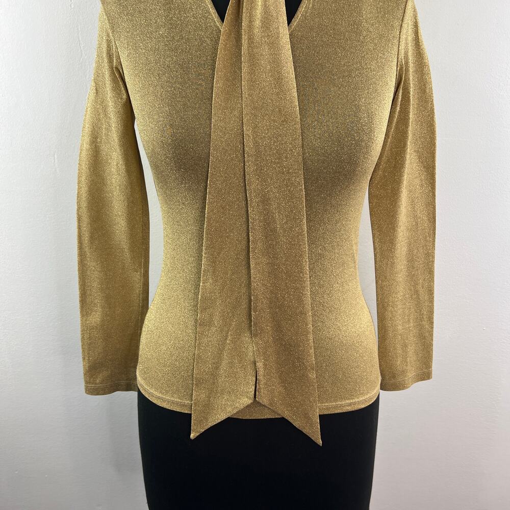 VINTAGE Jill Stuart Metallic Gold Blouse Knit Tie-Neck Long Sleeve Size Small S - Picture 5 of 11